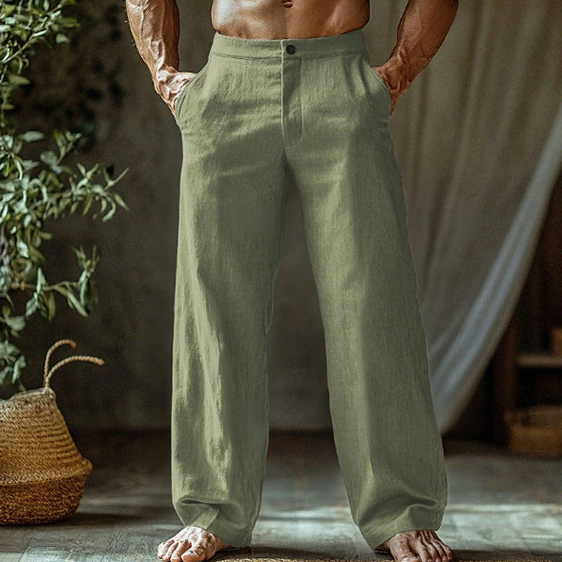 Men's Linen Button Slant Pocket Breathable Trousers Green GlamzKart