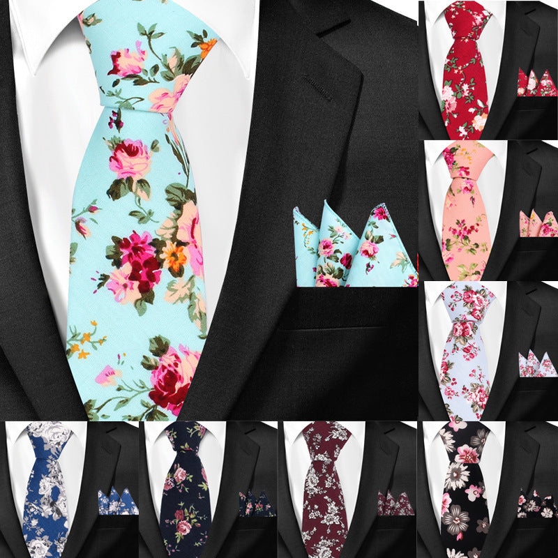 Casual Cotton Floral Print 6cm Casual Tie Pocket Square Suit GlamzKart