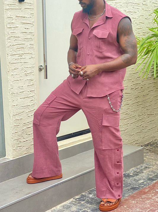 Sleeveless Button - Up Shirt And Cargo Pants Set GlamzKart