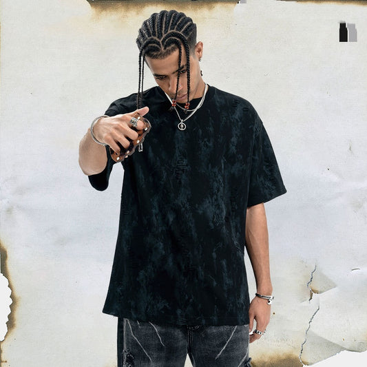 Ripped Edging Design Small Neckline Loose National Fashion Short Sleeve T-shirt GlamzKart