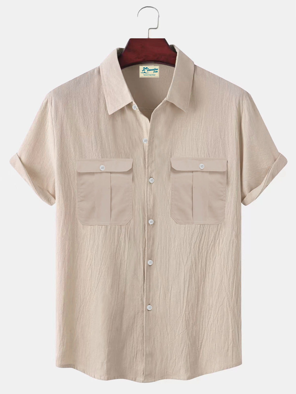 Solid Color Patchwork Linen Cardigan Short Sleeve Loose Lapels Men's Shirt Apricot GlamzKart