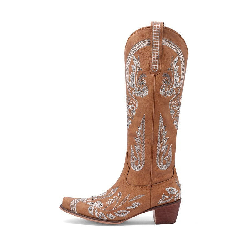 Embroidered Rhinestone Thick High Heel Side Zipper High-top Boots Brown GlamzKart
