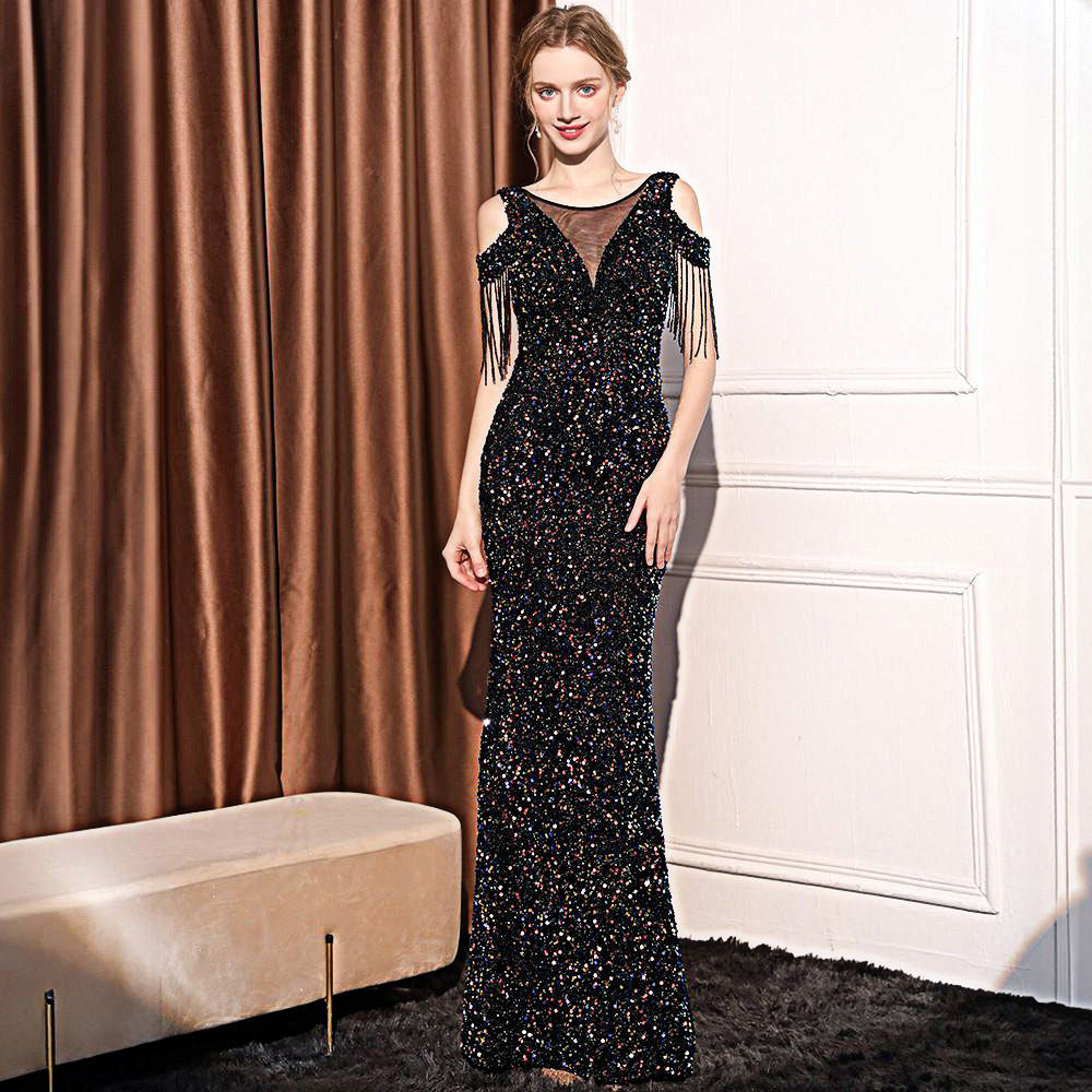 Sequin Long Slim Slimming Fishtail Dress Color Black 18580 GlamzKart