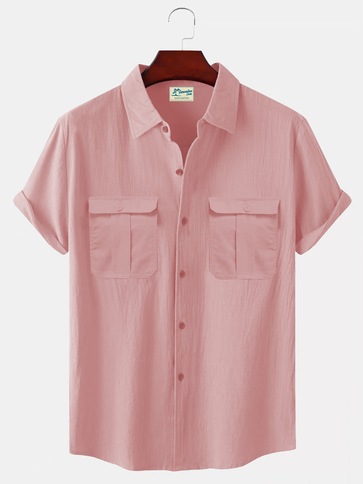Solid Color Patchwork Linen Cardigan Short Sleeve Loose Lapels Men's Shirt Pink GlamzKart