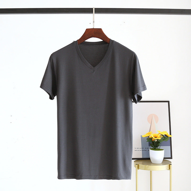Men's Summer Jacquard Modal Outerwear T-shirt Pajamas Solid Color Sweat-absorbent Cool Breathable Fabric V neck Dark Gray GlamzKart