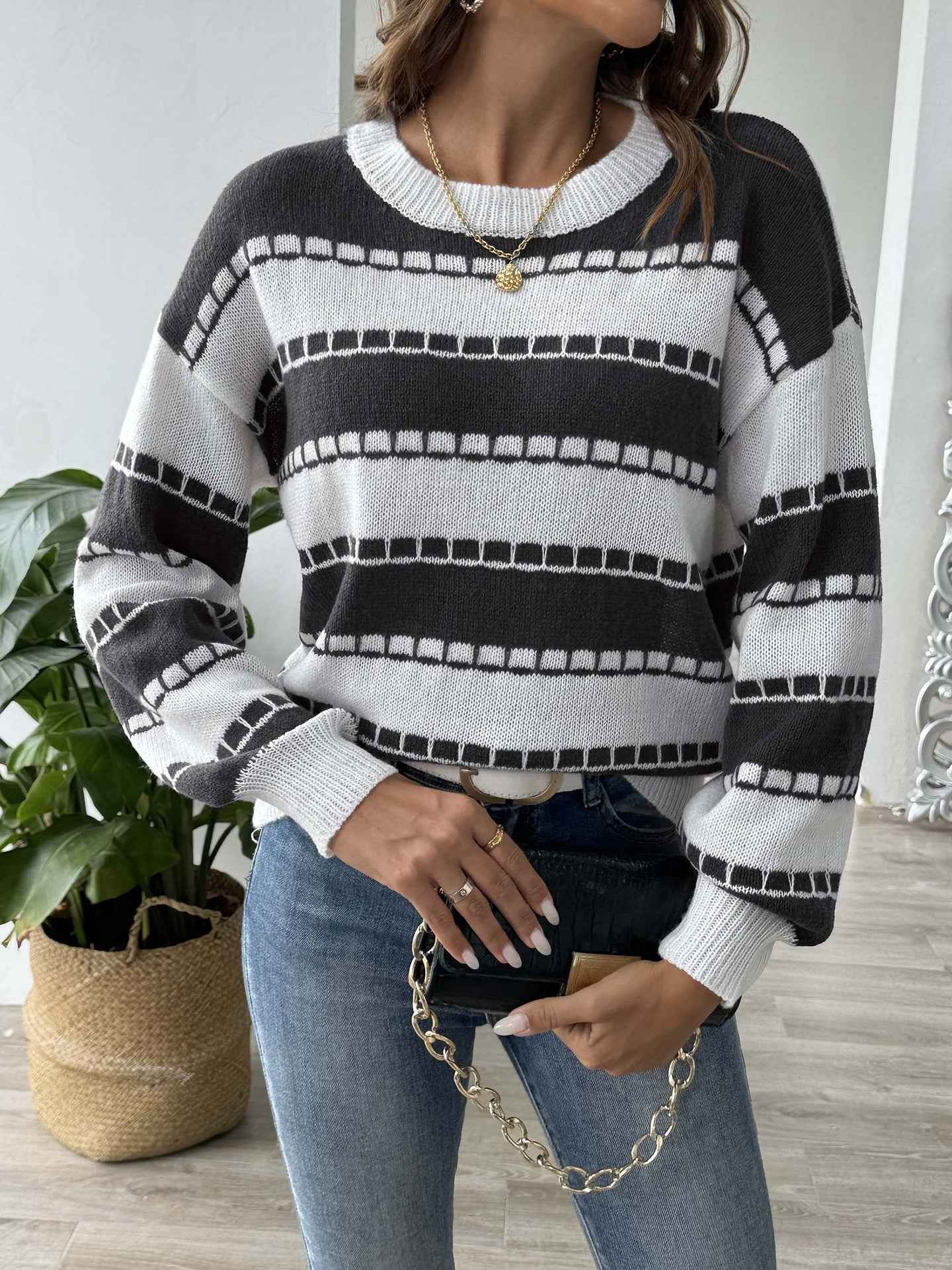 Women's Base Shirt Striped Colored Pullover Casual Sweater