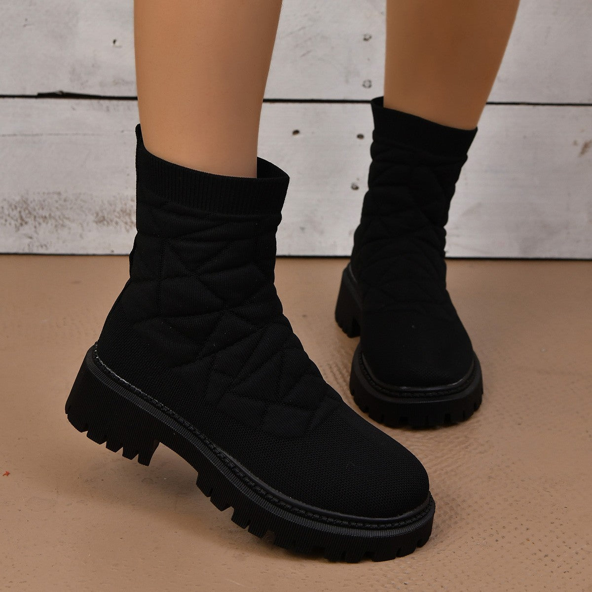 Flying Woven Plus Size Thick Bottom Casual Outdoor Martin Boots Black GlamzKart