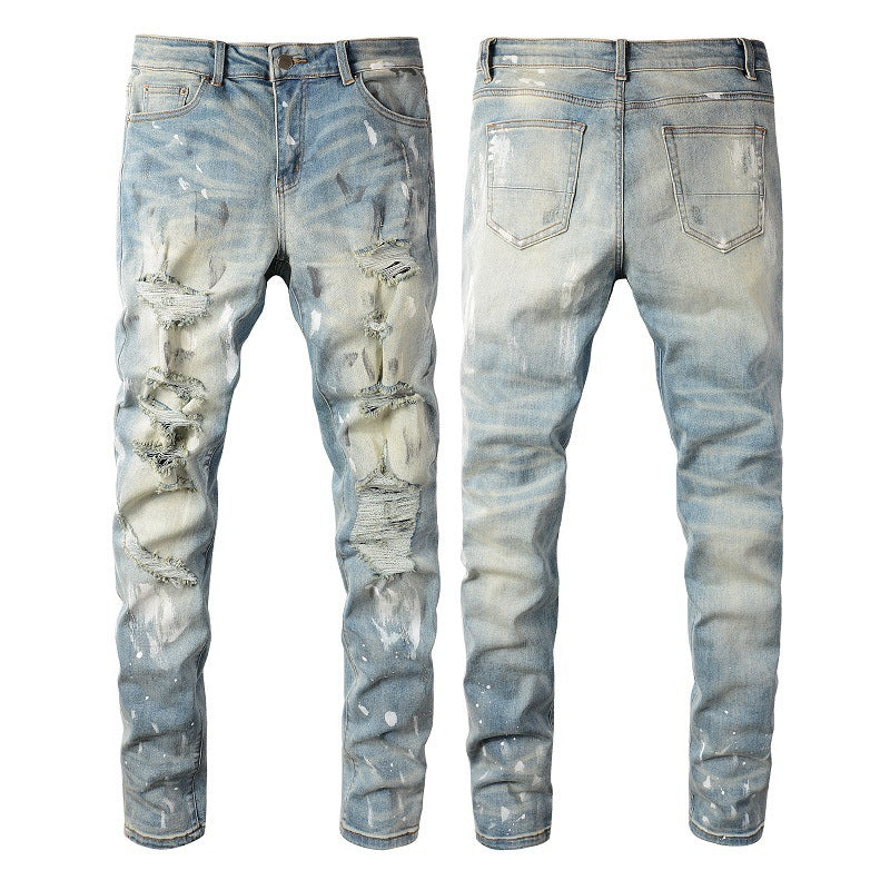 Vintage Paint Broken Holes Pants Men's Jeans Light Blue GlamzKart