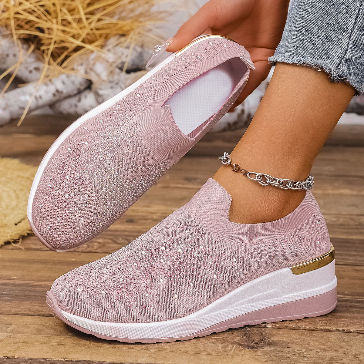Pumps Women's Summer Wedge Round Toe Rhinestone Slip-on Women's Pumps Pumps Pink GlamzKart