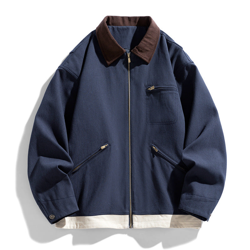 Contrast Color Washed Polo Collar Jacket Men Gray Blue GlamzKart