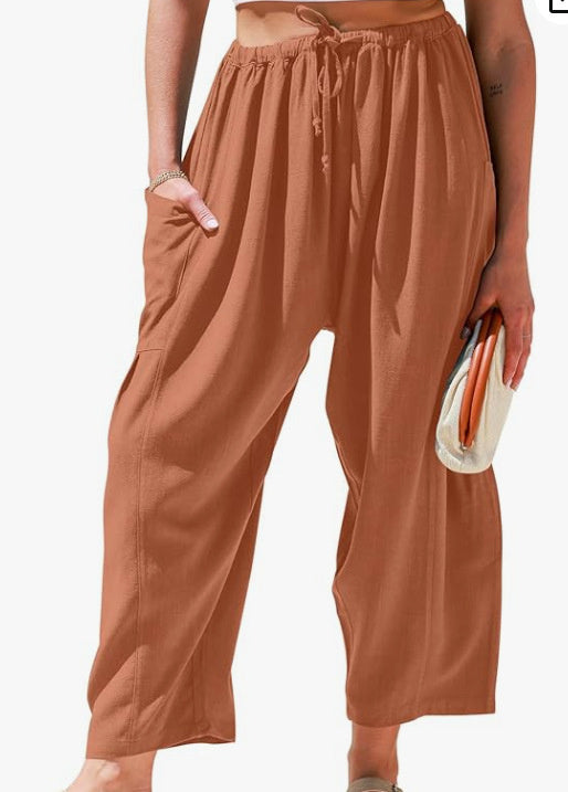 Stretched-waist Pleated High-waisted Wide-leg Loose Casual Cotton And Linen Long Pants Brown GlamzKart