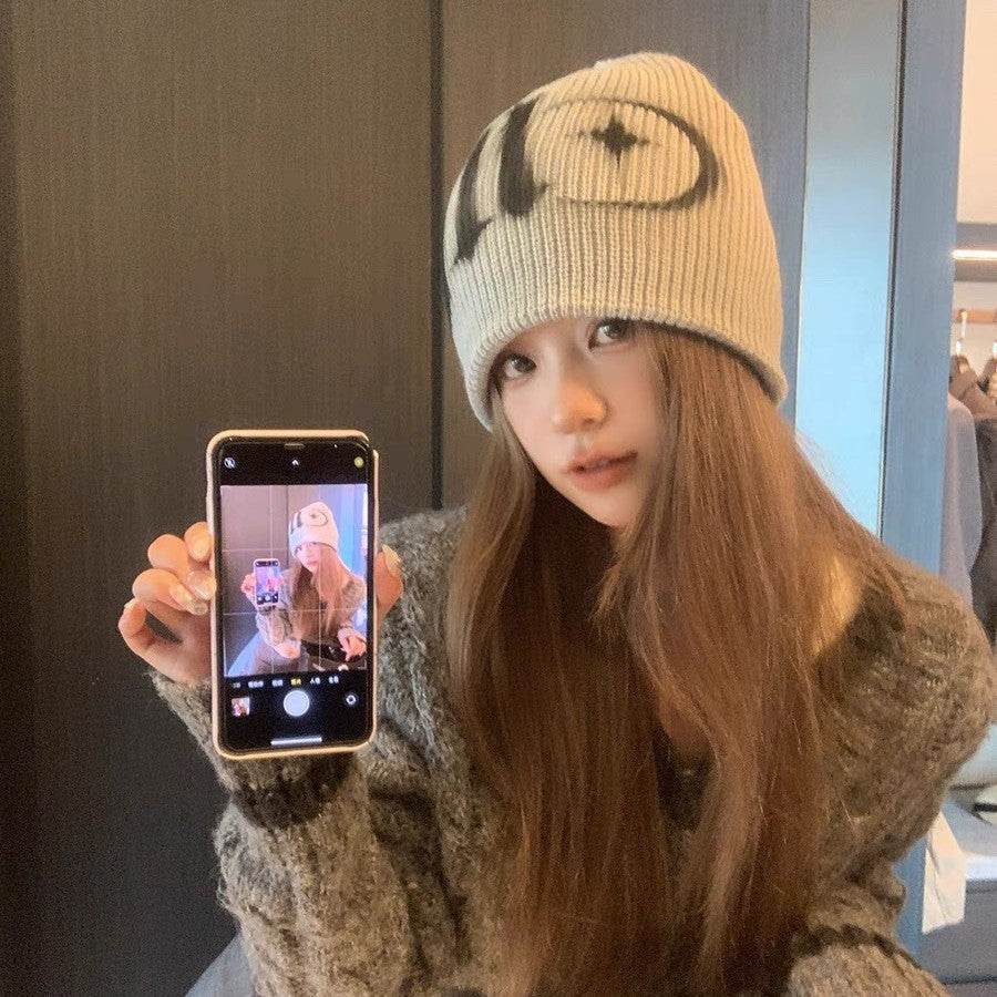Street Style Letters Pile Heap Cap Beanie Hat Female Autumn And Winter Street C Star Khaki M GlamzKart
