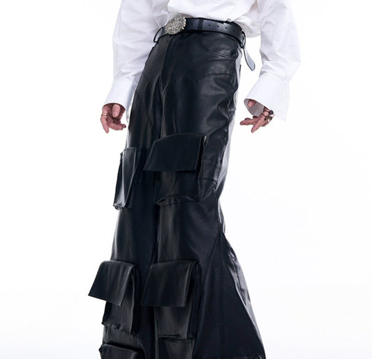 Autumn Three-dimensional Pocket Leather Pants Wide Leg GlamzKart