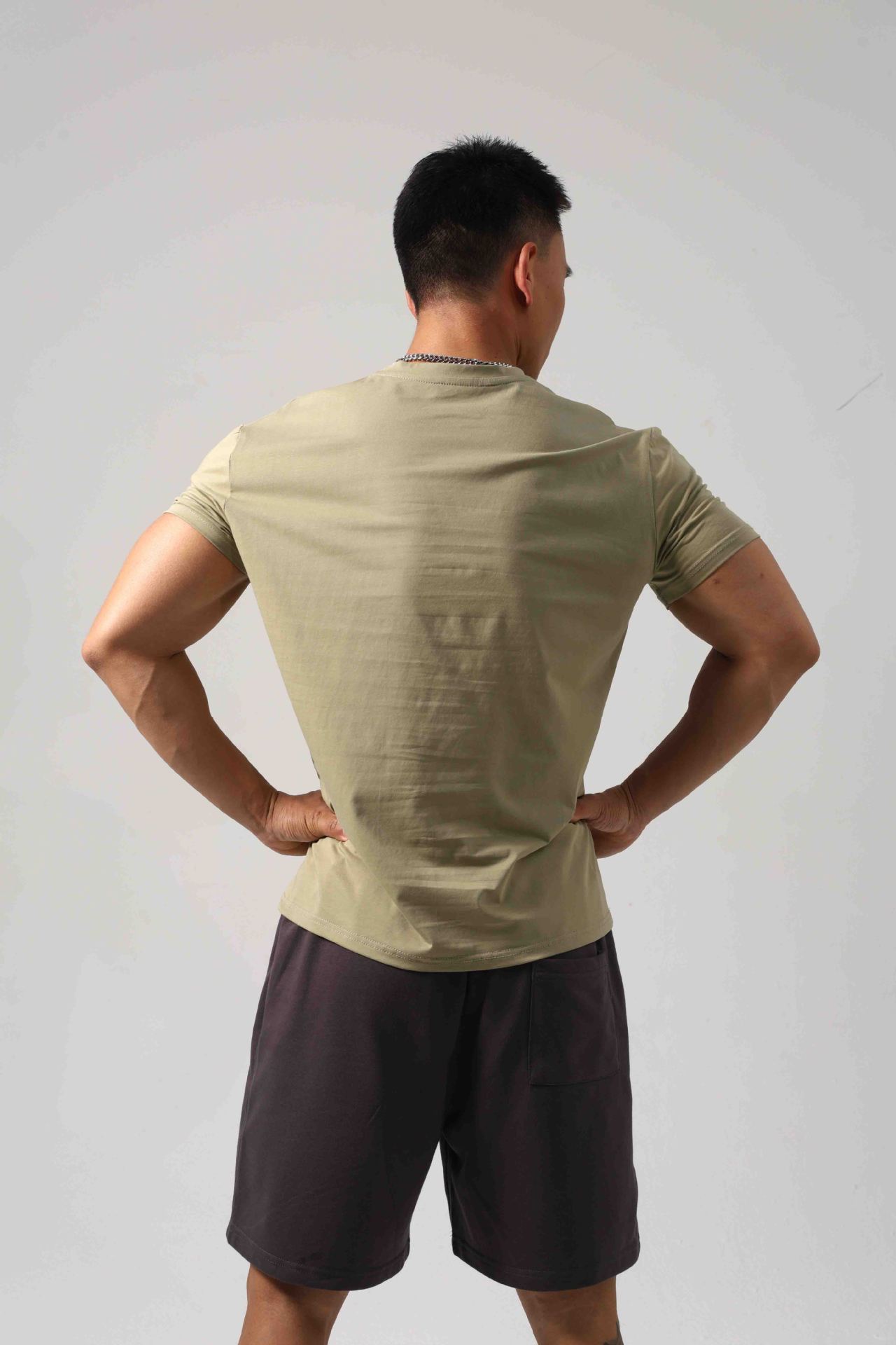 Men's Short Sleeve New Small Neckline Show Muscle Sports Fitness Short Sleeve Light Board G81 Olive Green GlamzKart