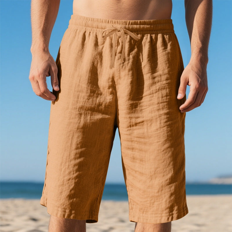 New Linen Drawstring Elastic Waist 34 Casual Shorts Men Yellowish Brown GlamzKart