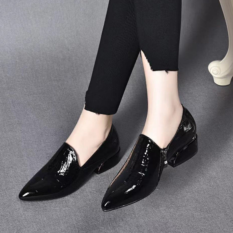 New Genuine Leather Pointed-toe Chunky Heel Shoes Women GlamzKart