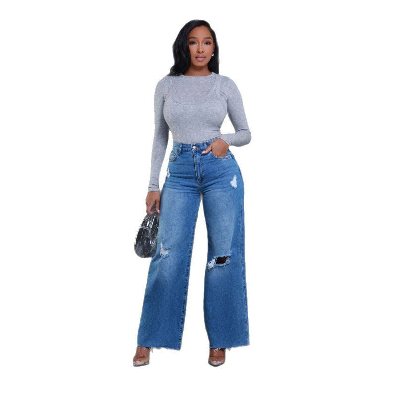 Women's Ripped High Waist Loose Straight Wide Leg Jeans GlamzKart