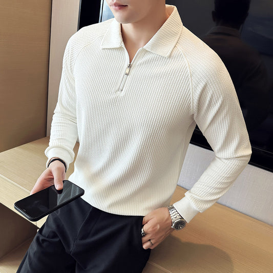 High Elastic Thickened Seersucker Half Zipper Polo Shirt GlamzKart