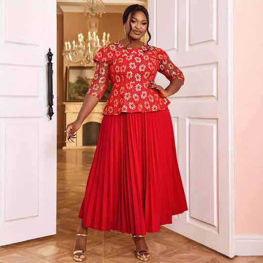 Women's Solid Color Versatile Lace Long Sleeved Pleated Skirt GlamzKart