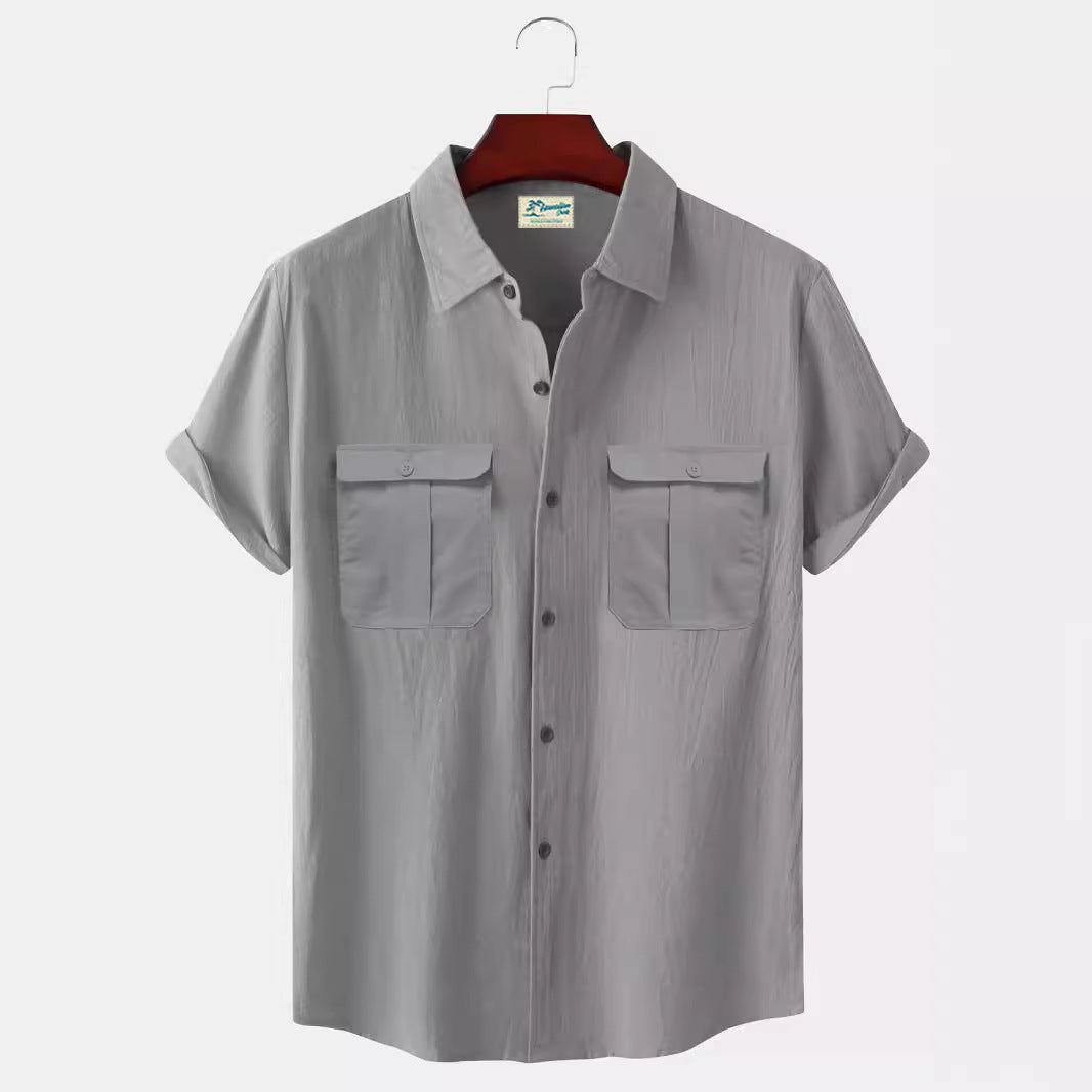 Solid Color Patchwork Linen Cardigan Short Sleeve Loose Lapels Men's Shirt GlamzKart