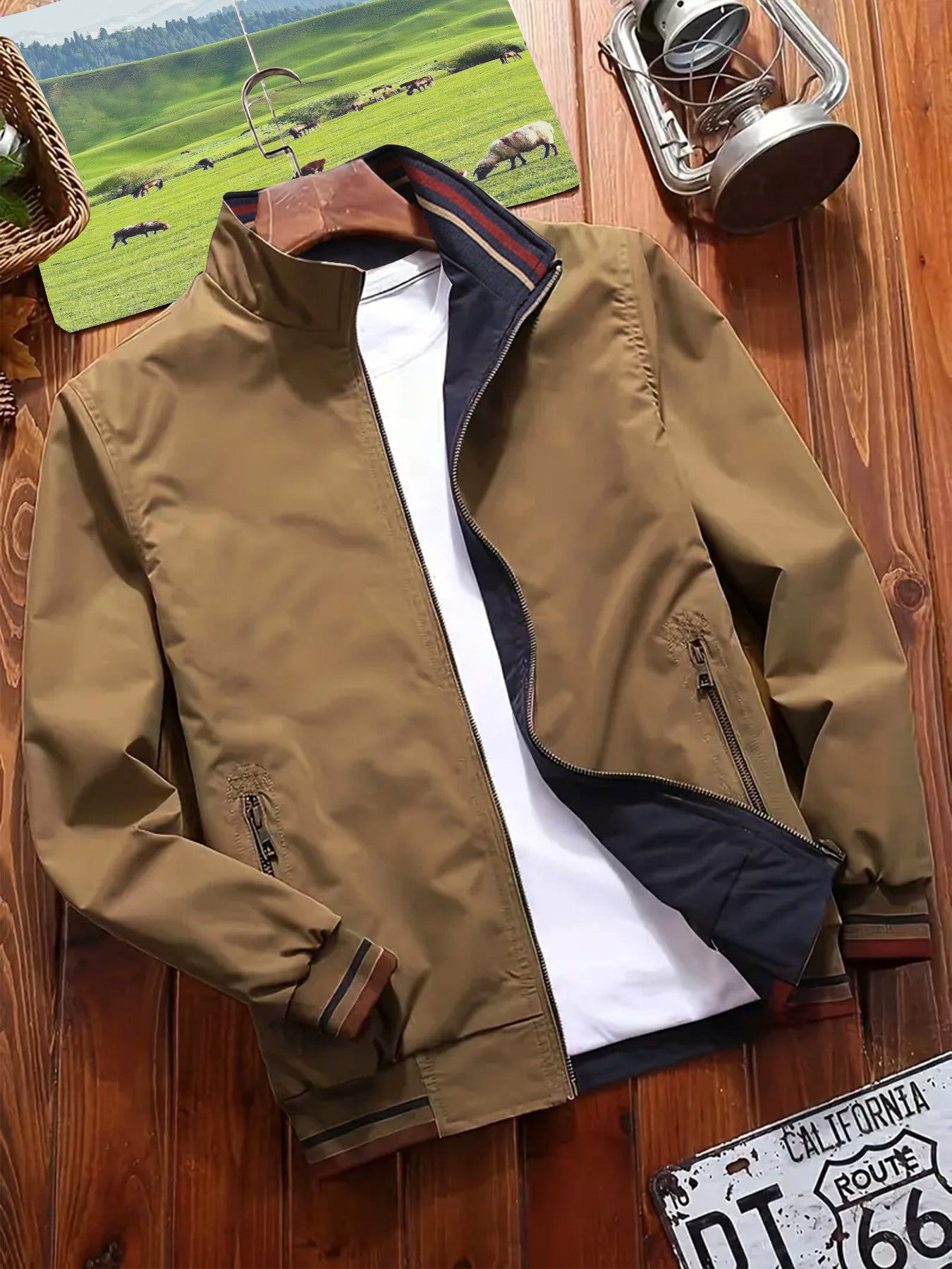 Men's Sports Jacket Double-sided Wear Stand Collar Casual Khaki GlamzKart