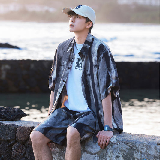 Ice Silk Tie-dye Sports Suit Men's Short-sleeve Shirt Beach Shorts Two-piece Set GlamzKart