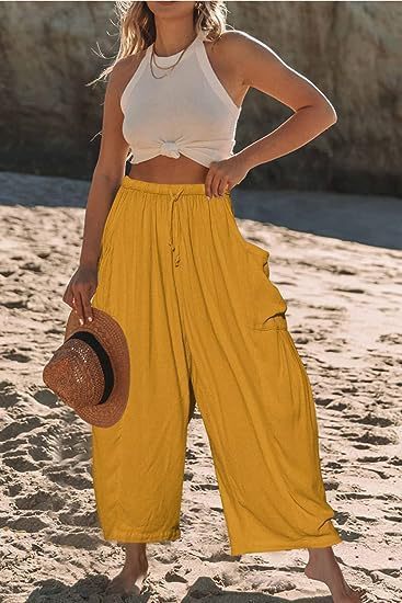 Elastic Pleated High Waist Cotton Linen Wide Leg Pants Yellow GlamzKart