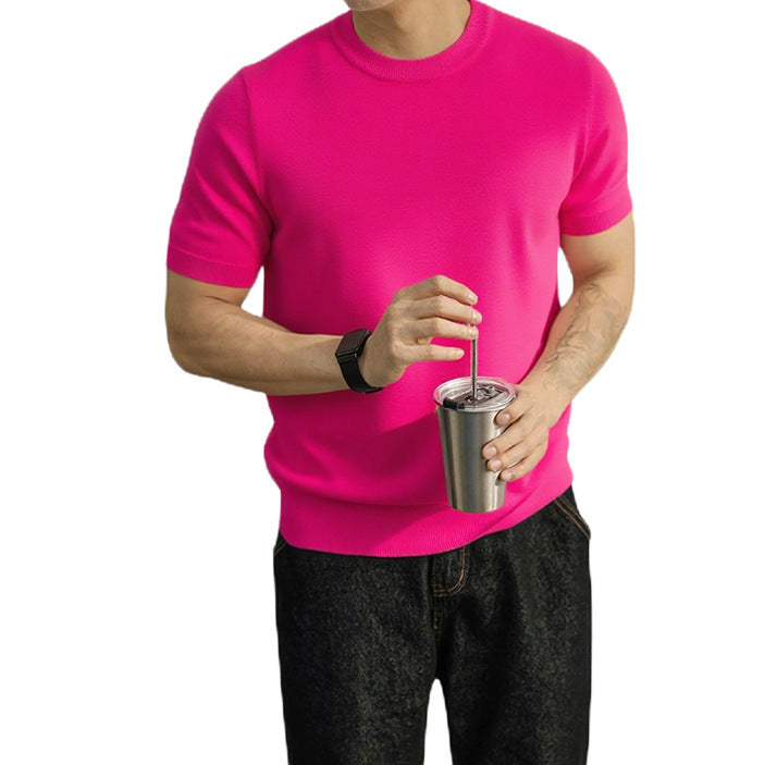 Plus Size Short-sleeved Sweater Men's Lightly Mature Casual Rose Red GlamzKart