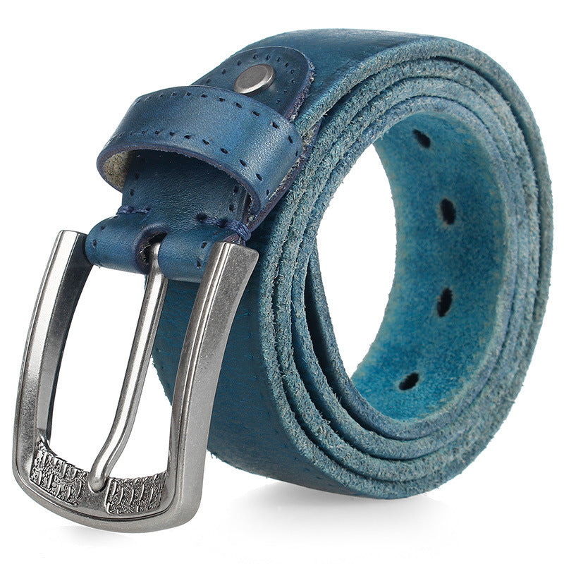 Cowhide Men's Personality Alloy Pin Buckle Trend Belt Ocean Blue Sapphire GlamzKart
