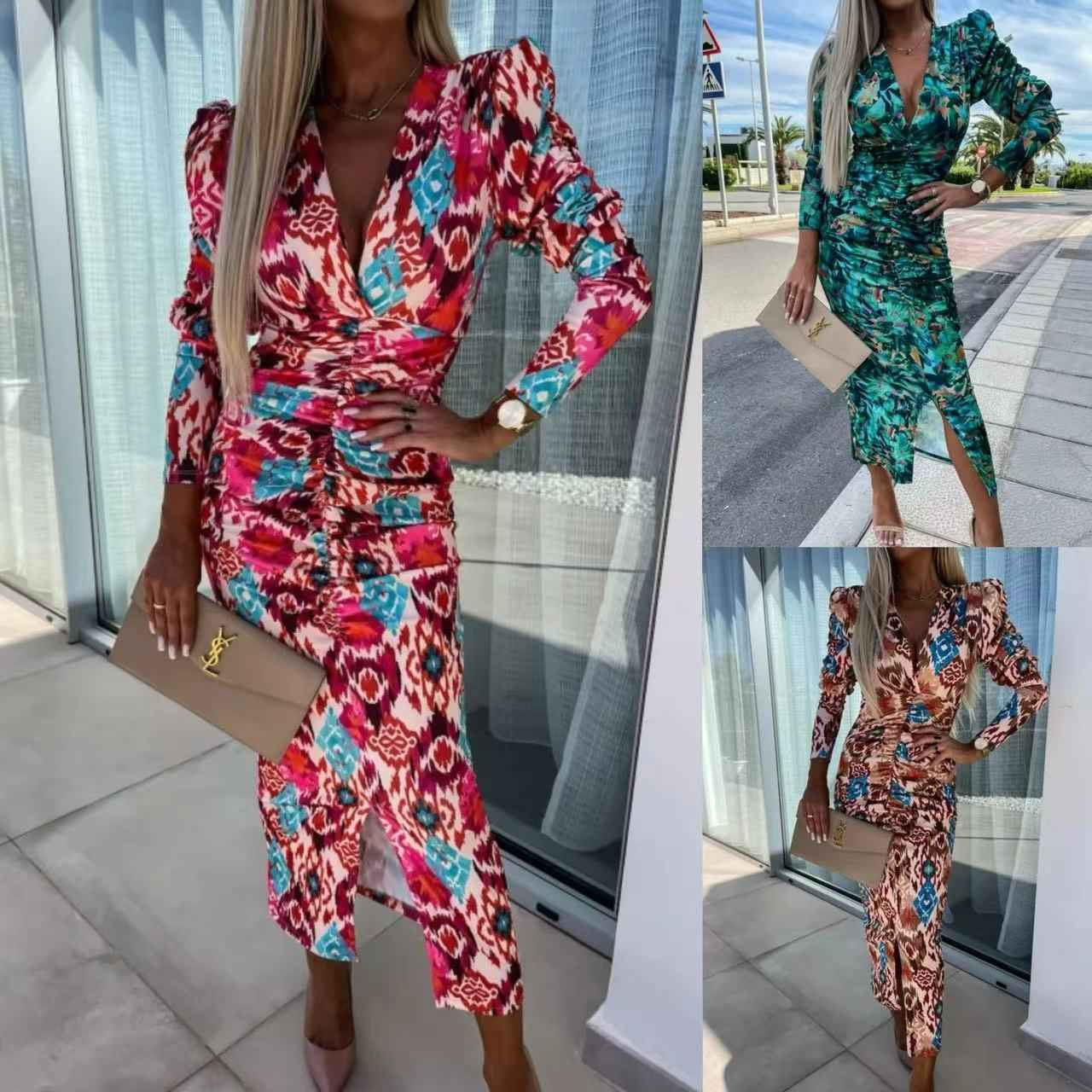 Puff Sleeve Long Sleeve Split V-neck High Waist Slimming