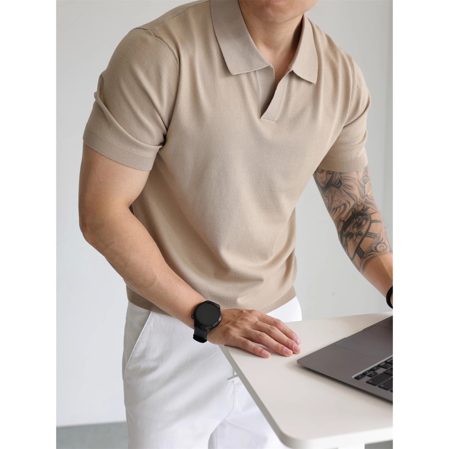 Men's British Business Summer Ice Silk T-shirt Apricot GlamzKart