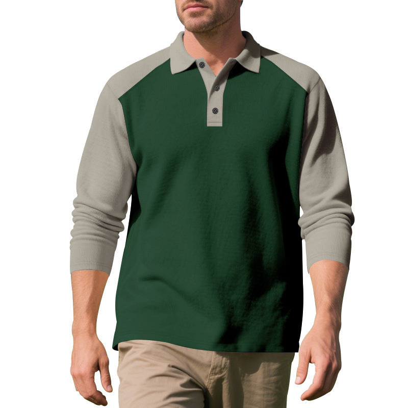 Golf Lapel Long-sleeved T-shirt Bottoming Shirt Dark Green And Khaki Sleeves GlamzKart