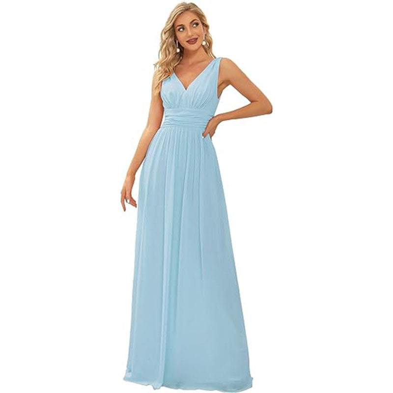 Women's Elegant Graceful Deep V-neck Sleeveless Chiffon Formal Maxi Evening Dress Ice blue GlamzKart