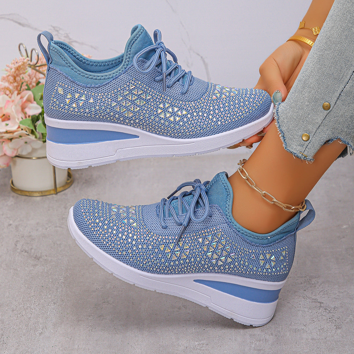 Rhinestone Lace Up Fashion Style Daily Commuter Women's Casual Shoes Sky Blue GlamzKart