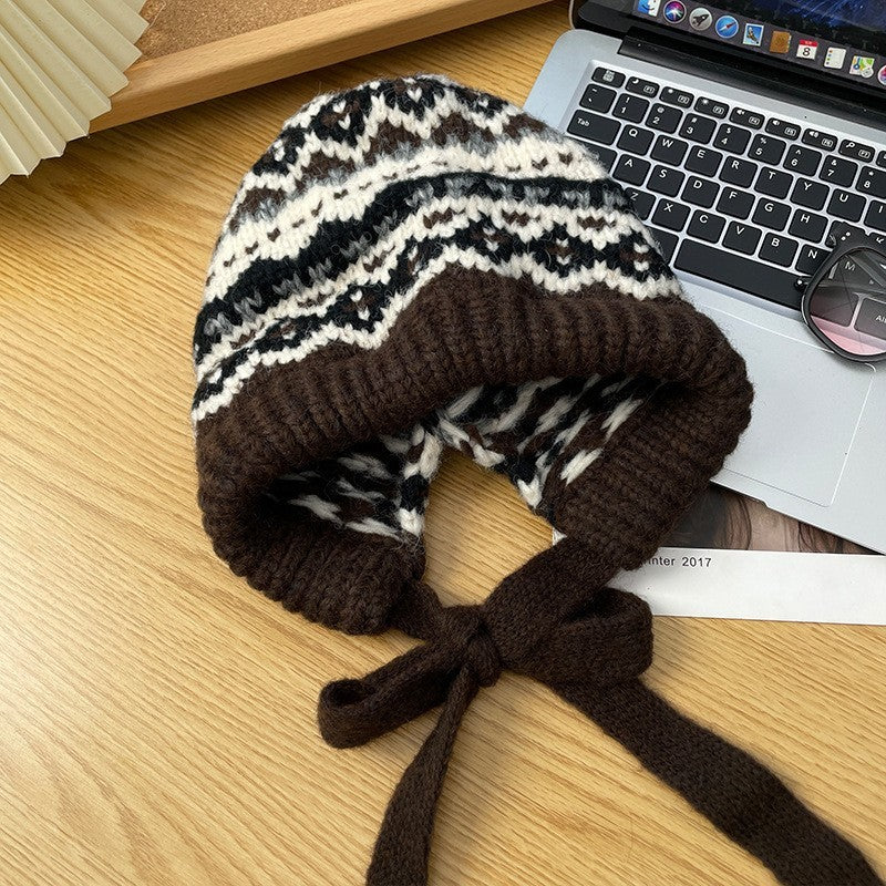 Winter Vintage Hat Bag Cap Warm Ear Protection Wool Hat Coffee Pattern GlamzKart