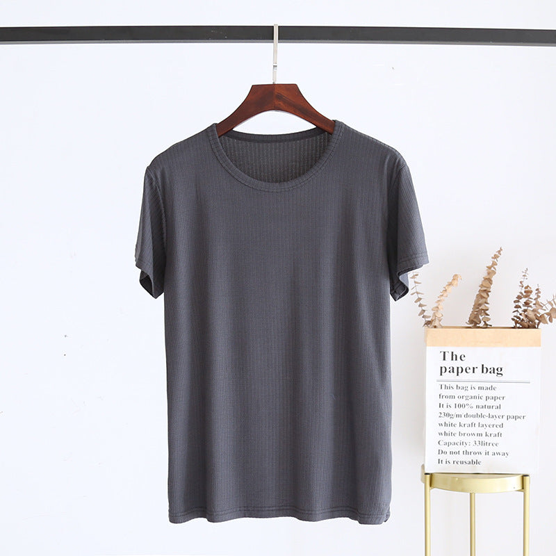 Men's Summer Jacquard Modal Outerwear T-shirt Pajamas Solid Color Sweat-absorbent Cool Breathable Fabric Round Neck Dark Gray GlamzKart