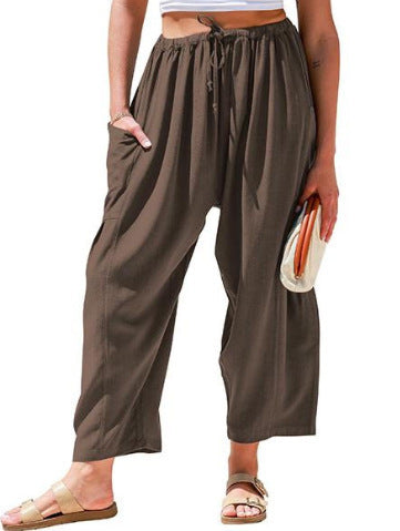 Elastic Pleated High Waist Cotton Linen Wide Leg Pants Dark Coffee Color GlamzKart