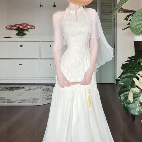 New Chinese Gentle Temperament Jacquard Sleeveless Halter Dress Apricot Cheongsam Dress GlamzKart