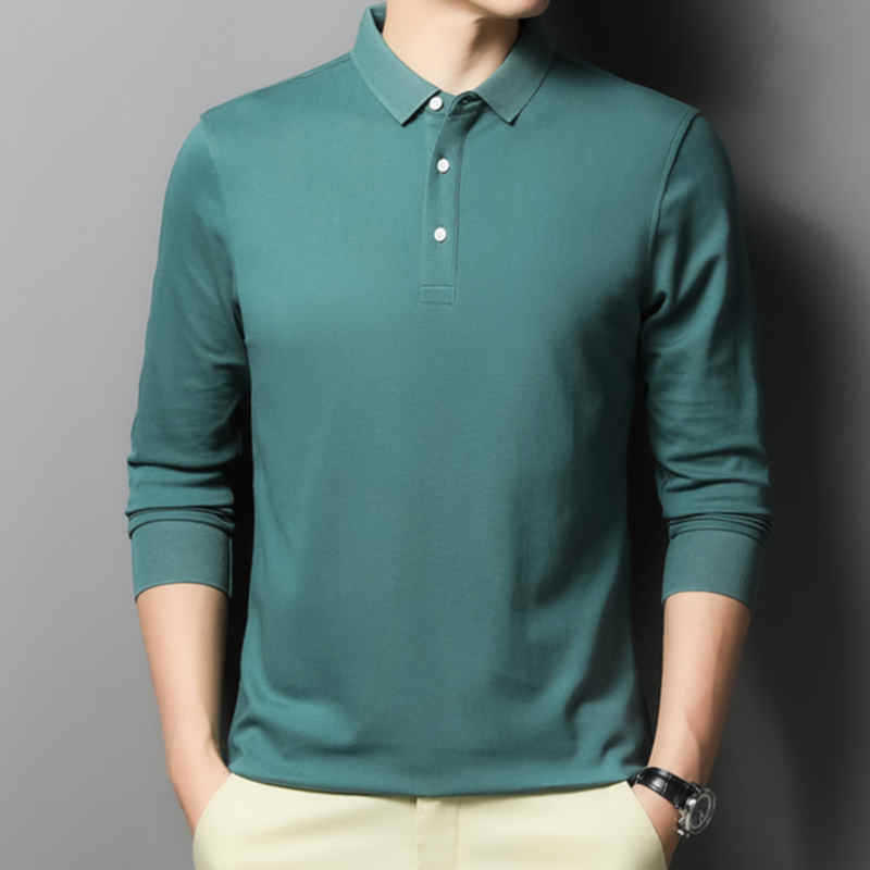 Casual And Comfortable Fashion Classic Solid Color Long Sleeve Lapel Polo Shirt Cyan GlamzKart