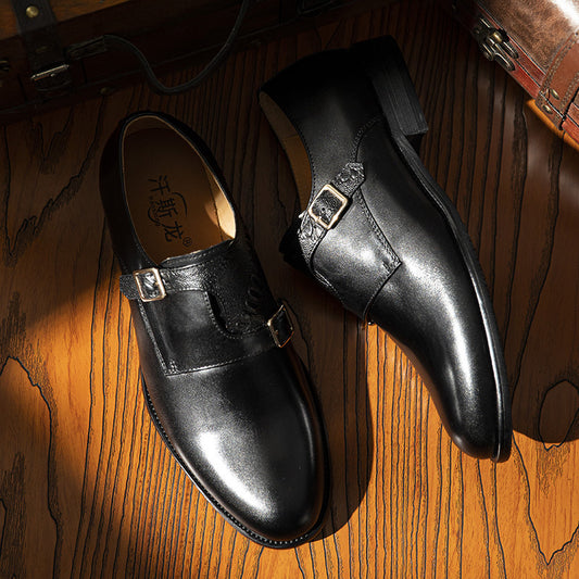 Men's First Layer Cowhide Summer Round Toe Double Buckle Retro Style Business Leather Shoes GlamzKart