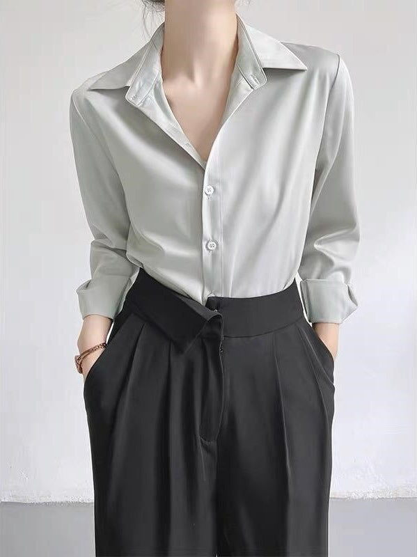 Women's High-grade Green Satin Shirt Light Silver Gray GlamzKart