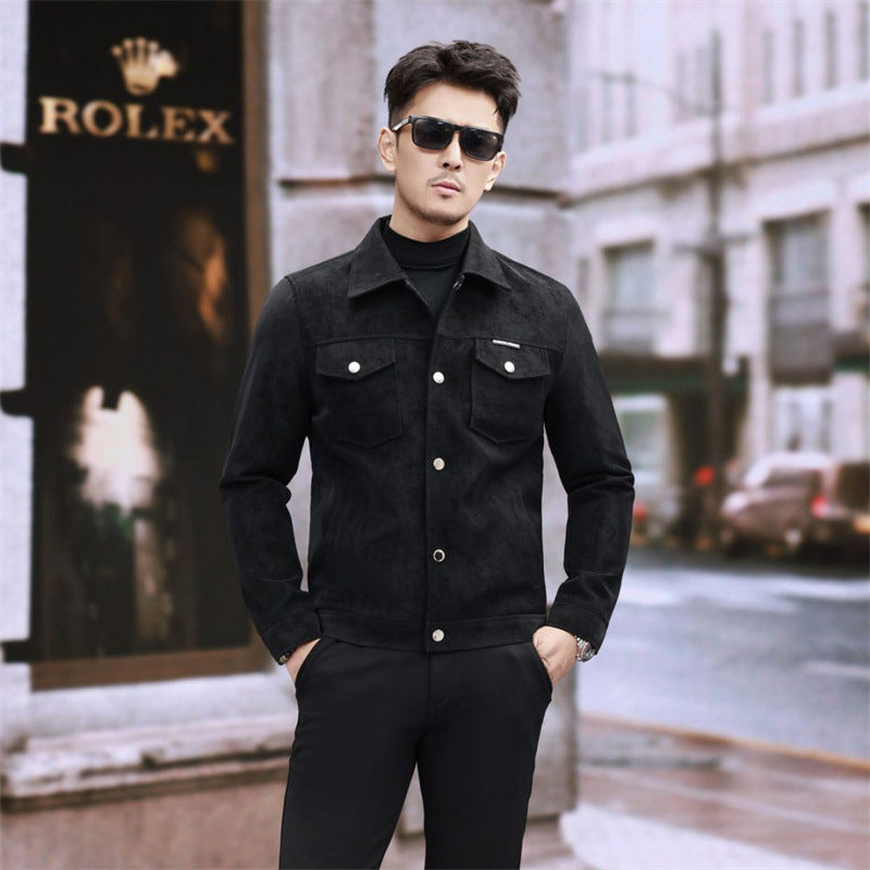 Suede Leather Jacket Men's Slim-fit High-grade Pu Handsome Retro Biker's Black PU Leather GlamzKart