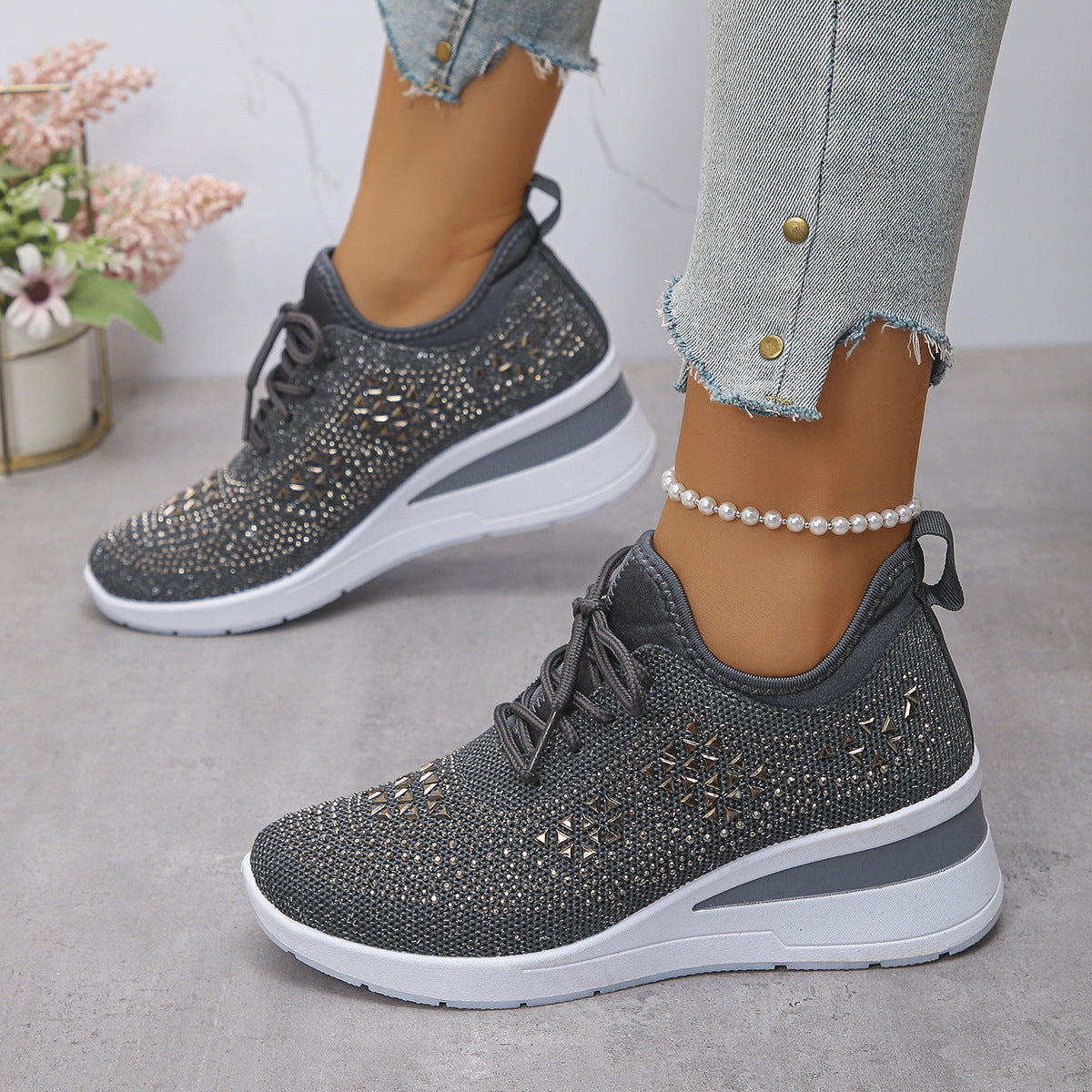 Rhinestone Lace Up Fashion Style Daily Commuter Women's Casual Shoes Dark Gray GlamzKart