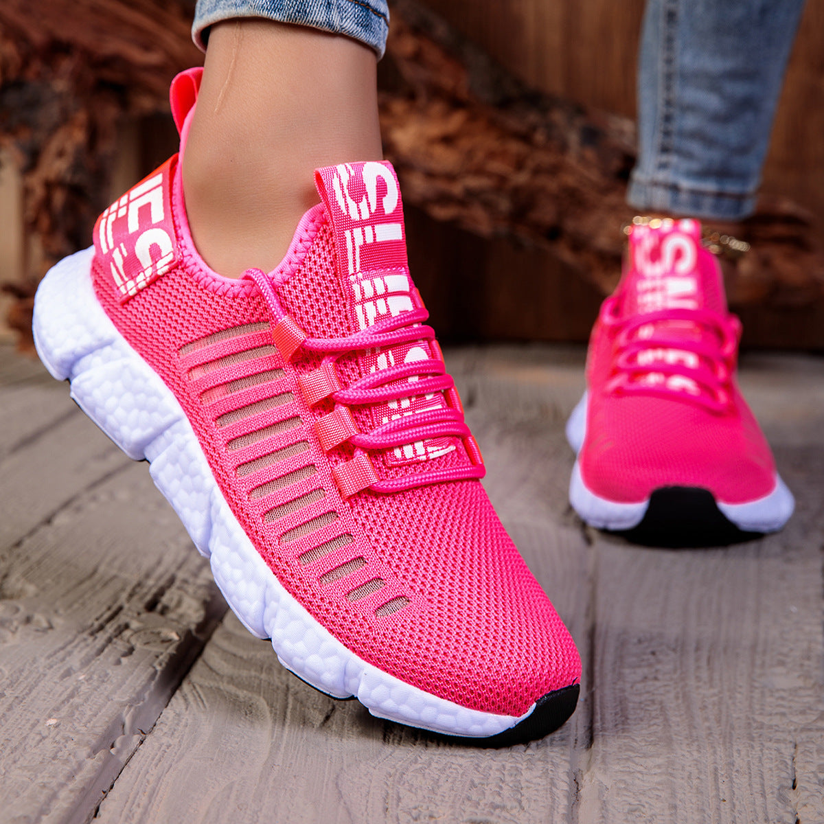 Couple's Breathable Casual Sneaker Hollow Running 555 Rose Red GlamzKart