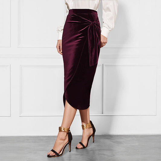 New Solid Color Twisted Skirt Temperament Commute Autumn And Winter Split Velvet Dress GlamzKart