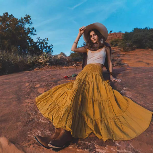 Casual Women Bohemian Loose Solid Skirt GlamzKart