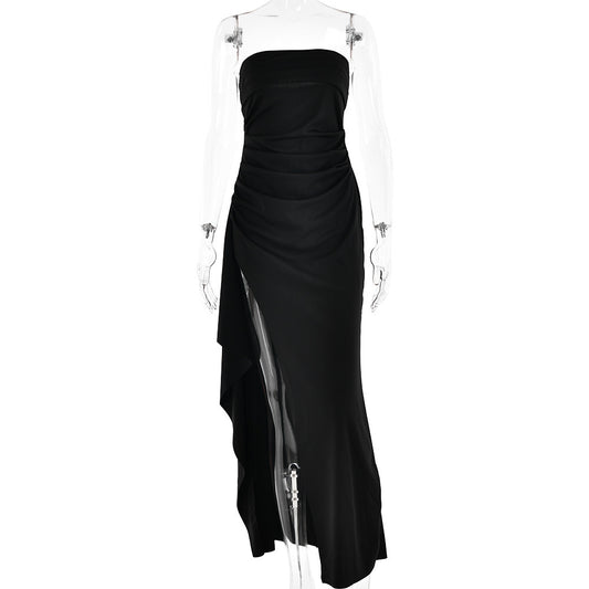 Evening Gown Women's One Neck Strapless Dress Fashionable And Sexy Backless High Slit Long Dress Black GlamzKart