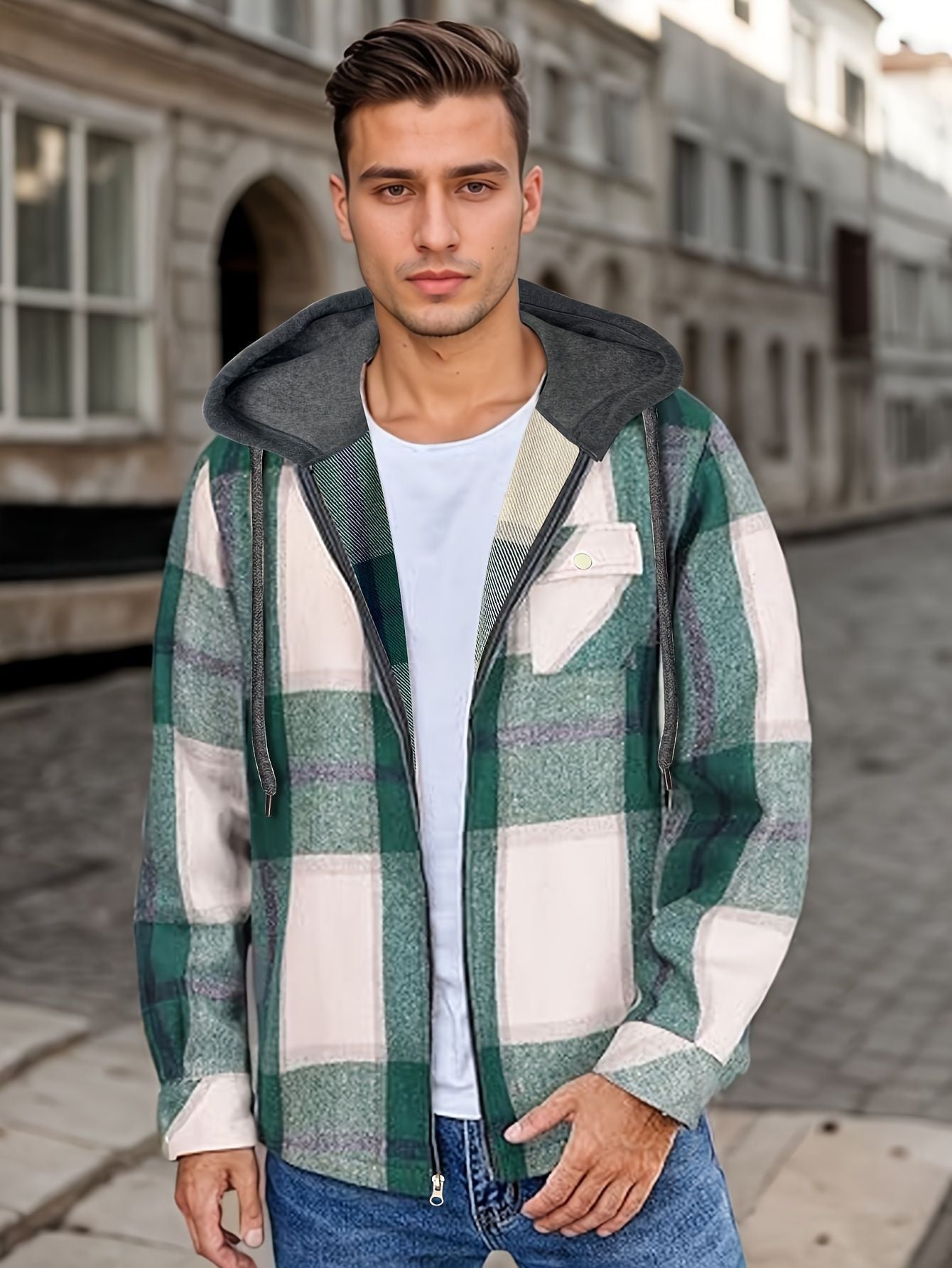 Men's Flannel Jacket Zipper Hooded Jacket Peacock Green GlamzKart