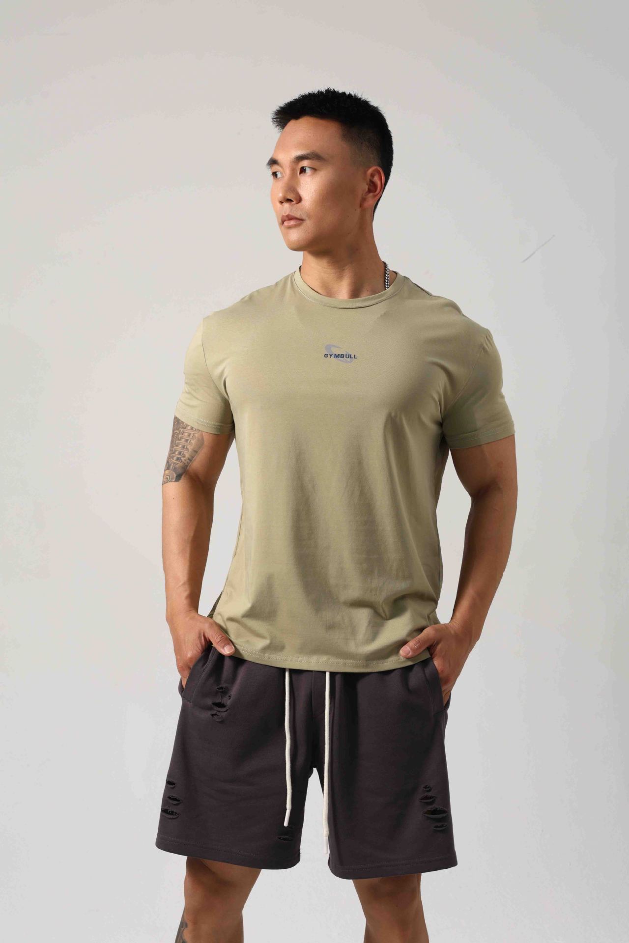 Men's Short Sleeve New Small Neckline Show Muscle Sports Fitness Short Sleeve Printed G81 Olive Green GlamzKart