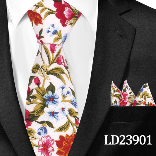 Casual Cotton Floral Print 6cm Casual Tie Pocket Square Suit LD23901 GlamzKart